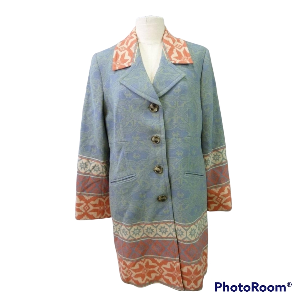 Pendleton Wool Women's Long Green Blue Coral Coat, Size XL, EUC.